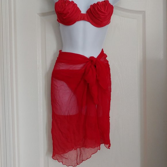 MCM 100% Ultra Sheer Chiffon Red Scarf Made in France / 2piece sold separately - Picture 2 of 7